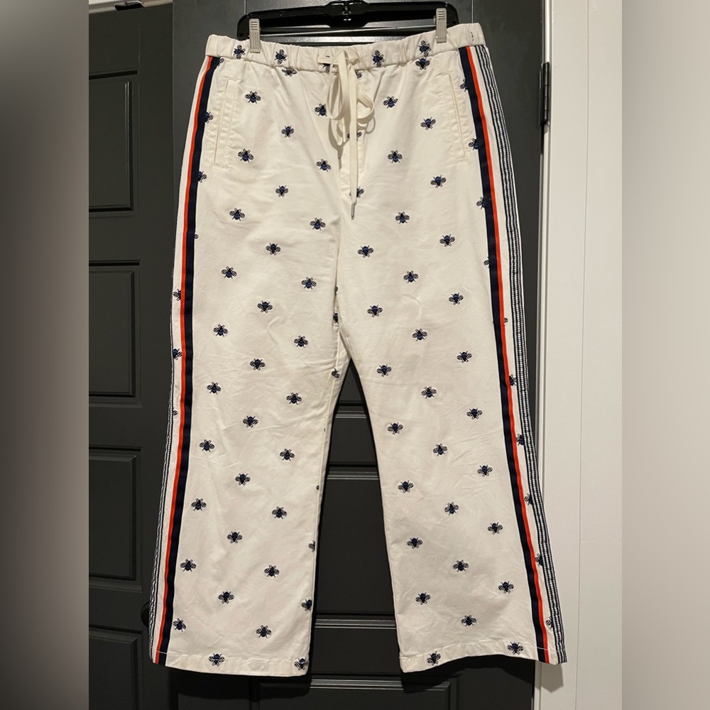 Anthropologie White Drawstring Pants with Embroidered Bees Size L Gently Worn